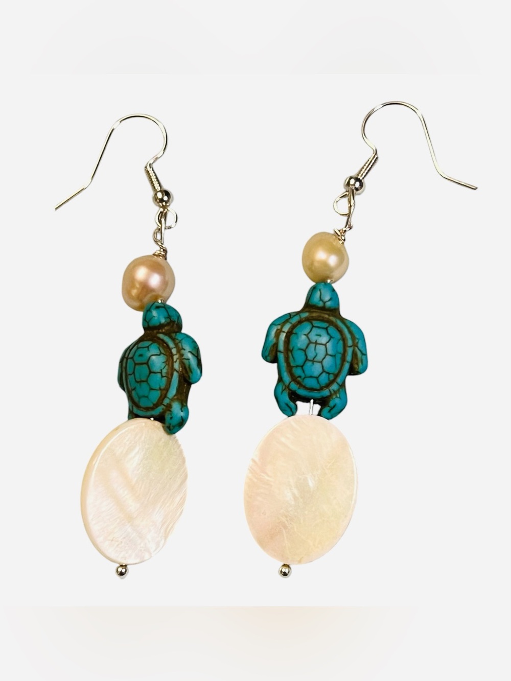 Turtle, Freshwater Pearl & Mother of Pearl Coin Drop Earrings